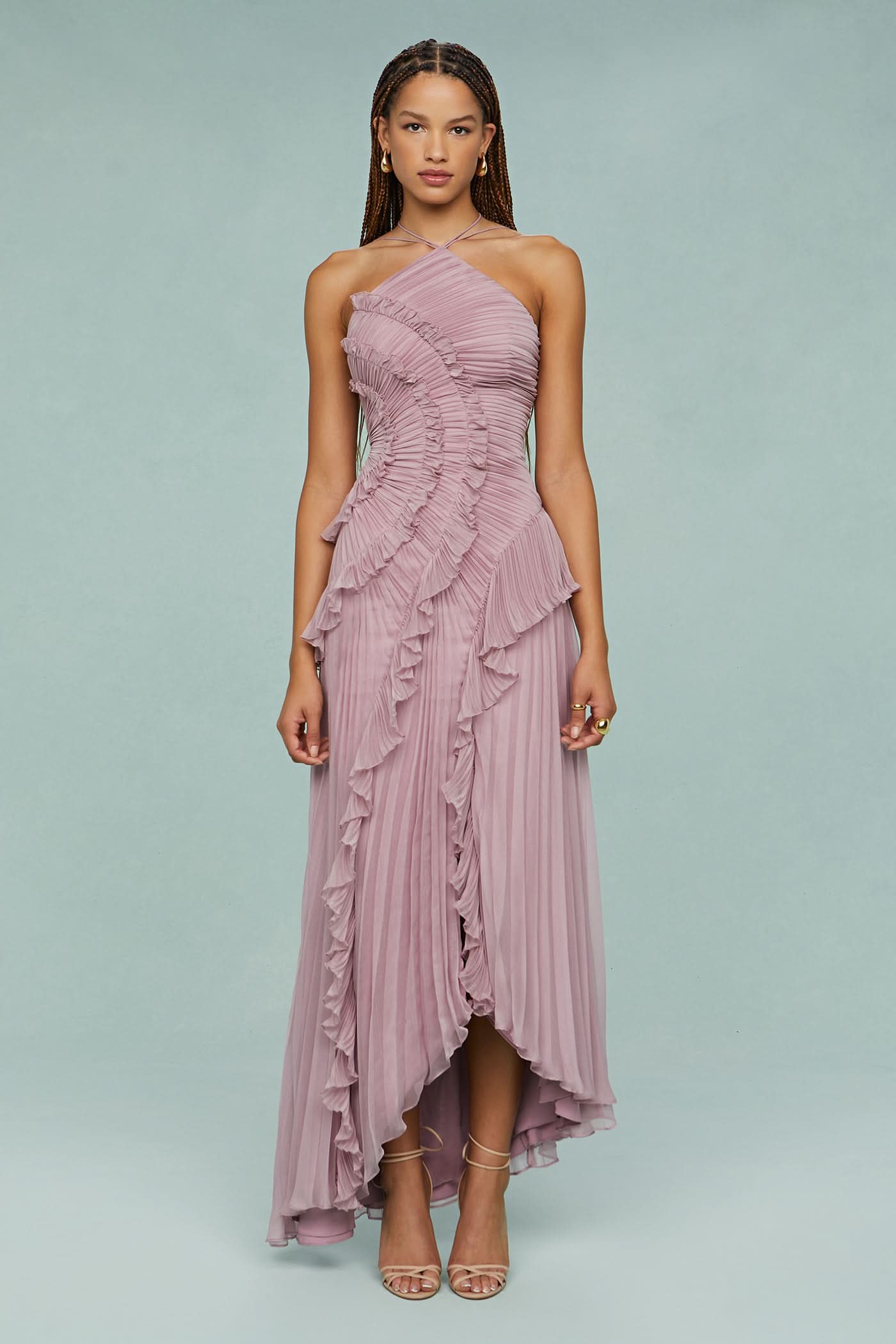 Mauve halter maxi dress with pleated ruffle details and asymmetrical hem