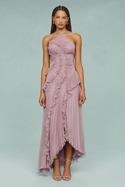Mauve halter maxi dress with pleated ruffle details and asymmetrical hem