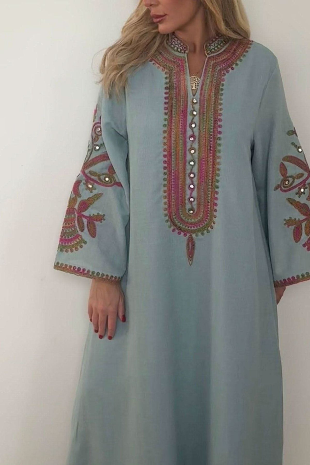 Sage green embroidered kaftan dress with pearl button front closure