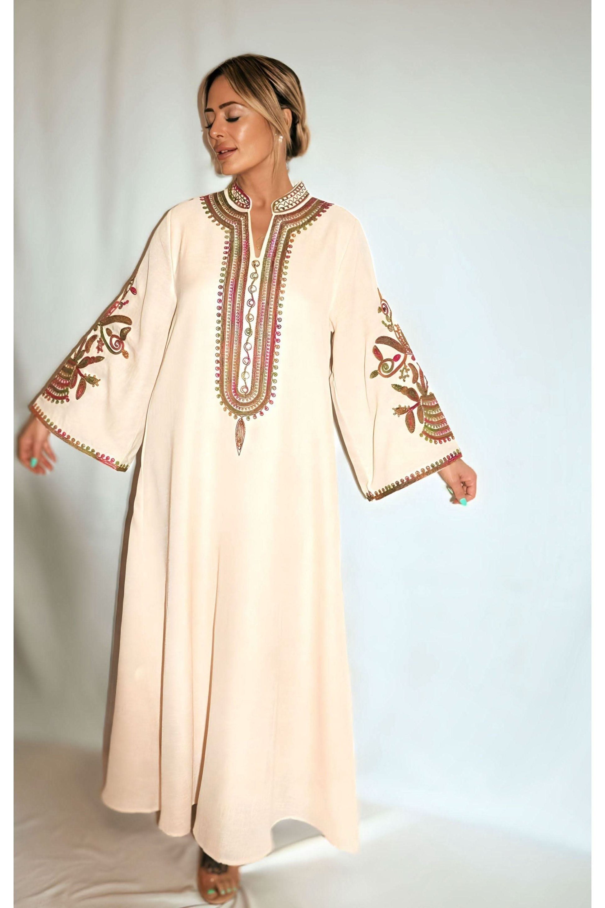 Cream embroidered kaftan with wide bell sleeves and geometric neckline