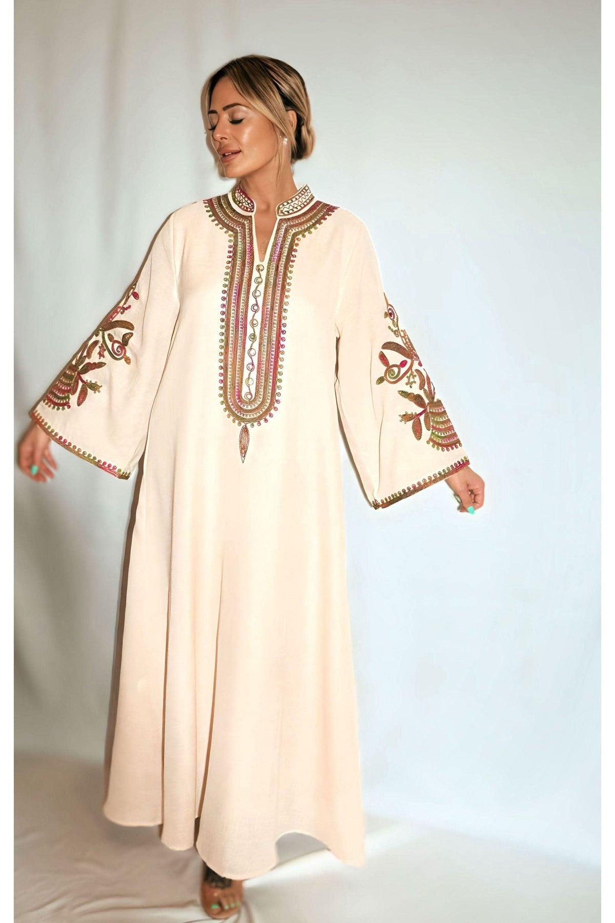 Cream embroidered kaftan with wide bell sleeves and geometric neckline