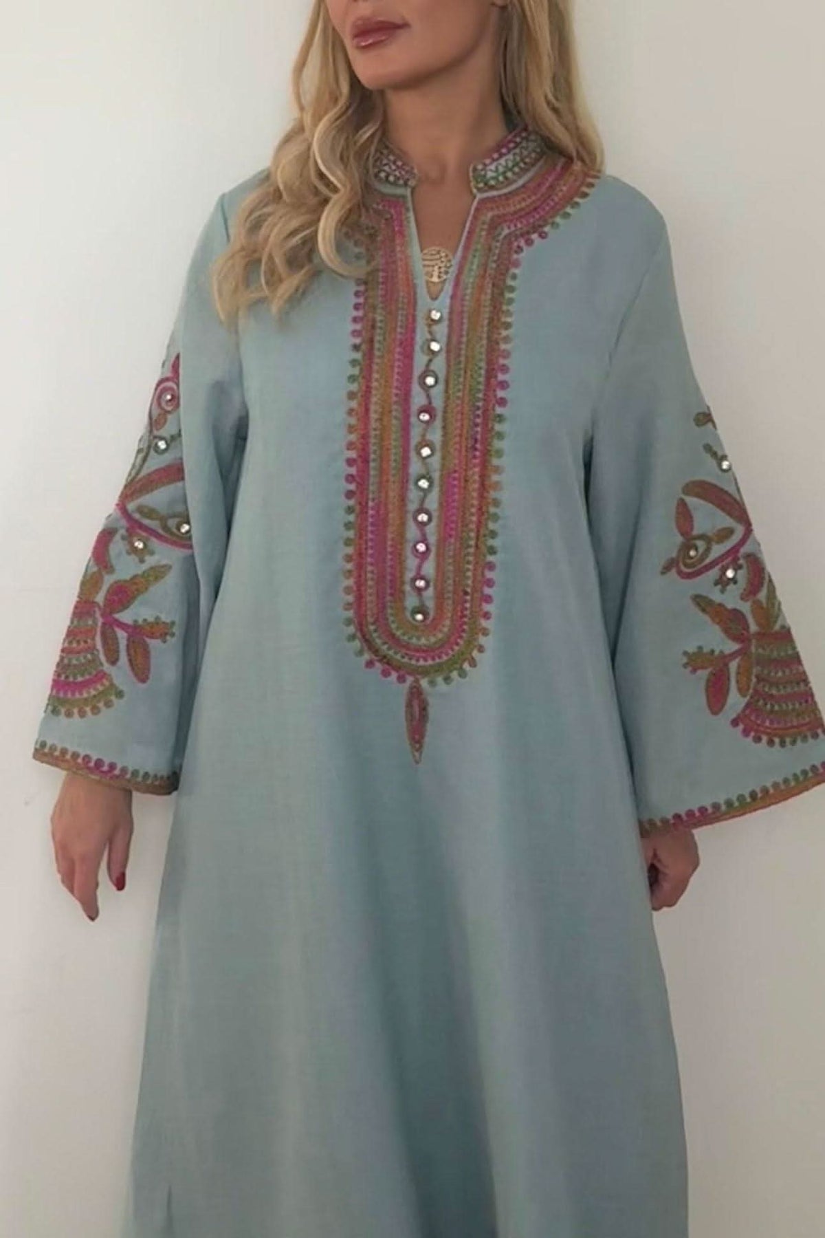 Sage green maxi kaftan with pearl embellished front and patterned sleeves