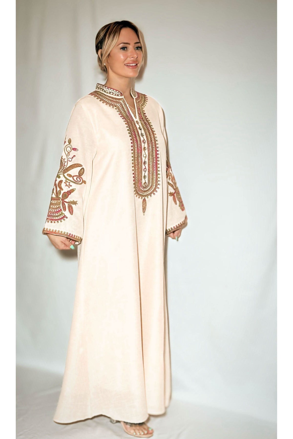 Cream embroidered kaftan maxi dress with burgundy and gold neckline detail