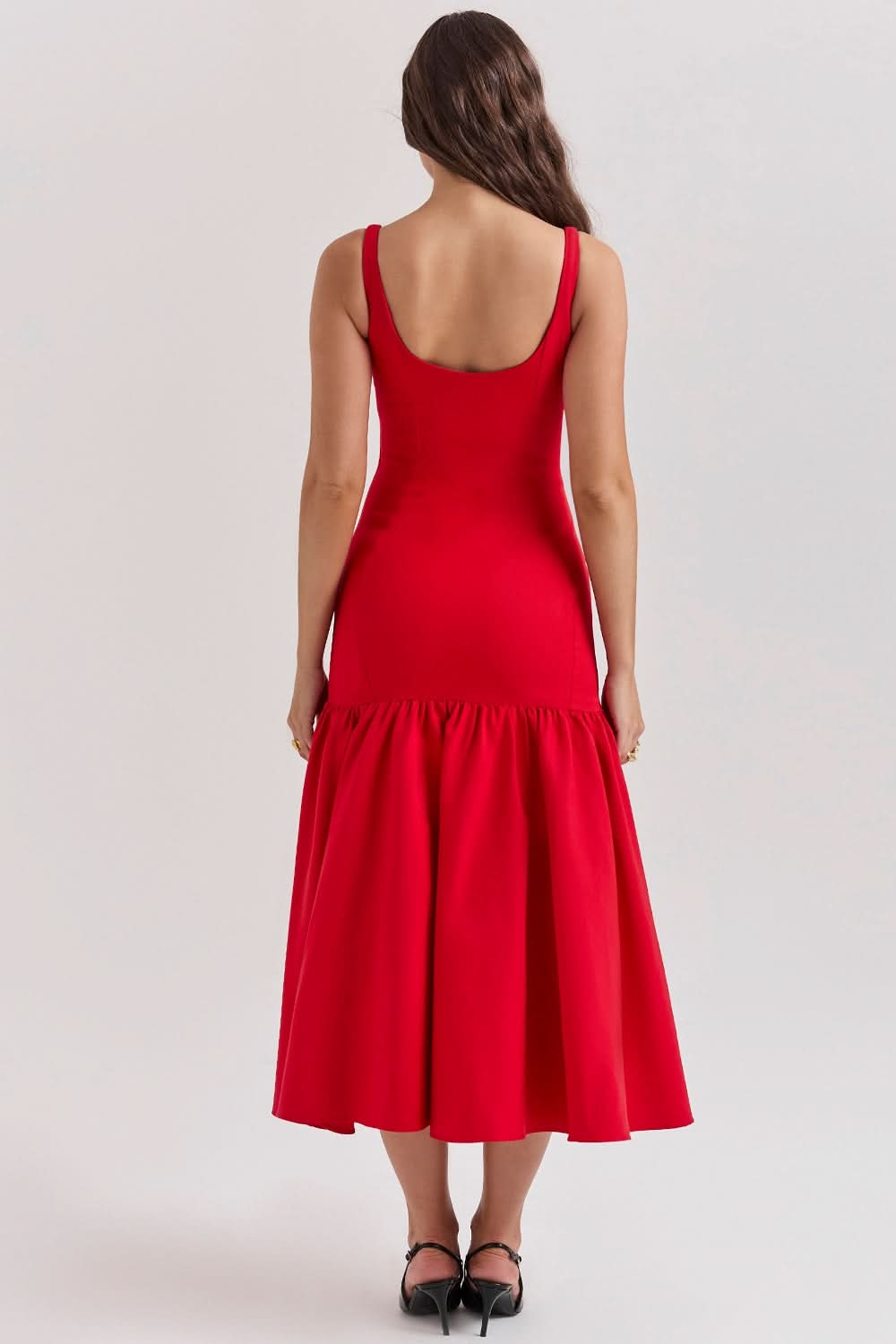 Back view red waist midi dress with scoop neckline and full skirt