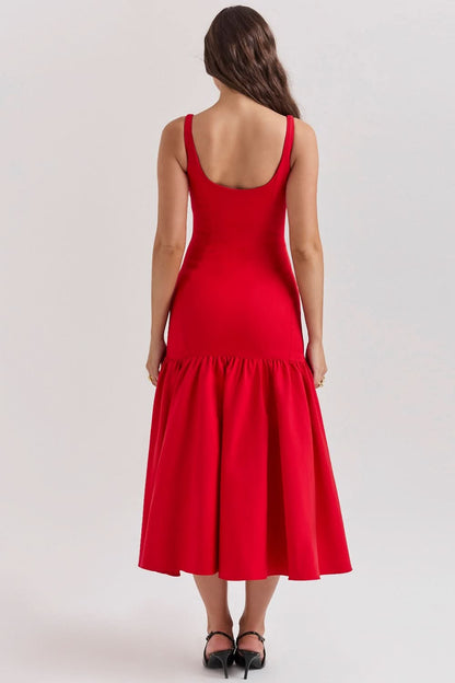 Back view red waist midi dress with scoop neckline and full skirt