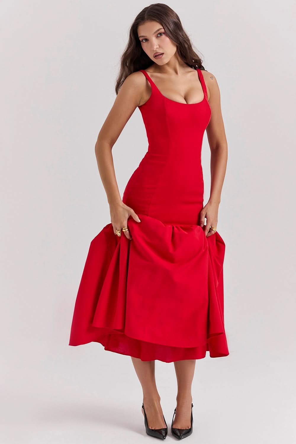 Red sleeveless waist midi dress with gathered hem, front detail view