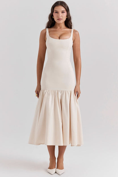 Cream waist midi dress with square neckline and gathered skirt hem