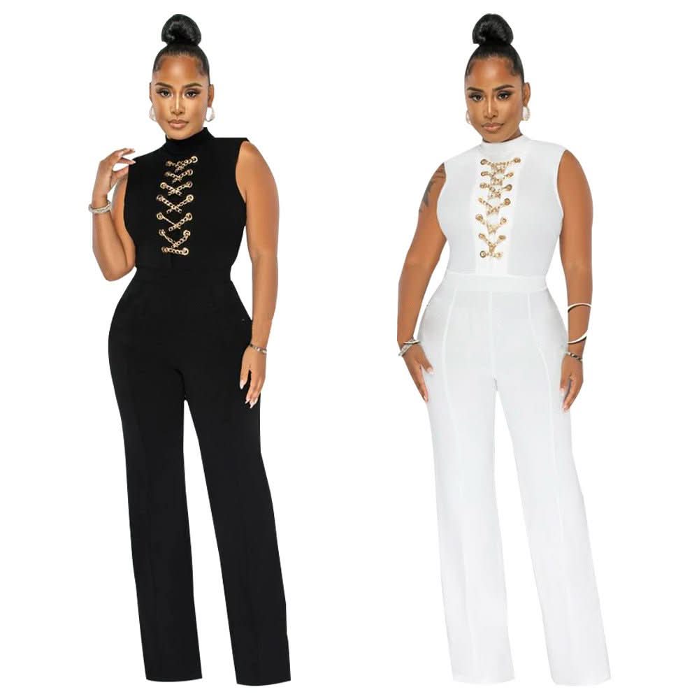 Black and white chain lace-up jumpsuits shown front and back views
