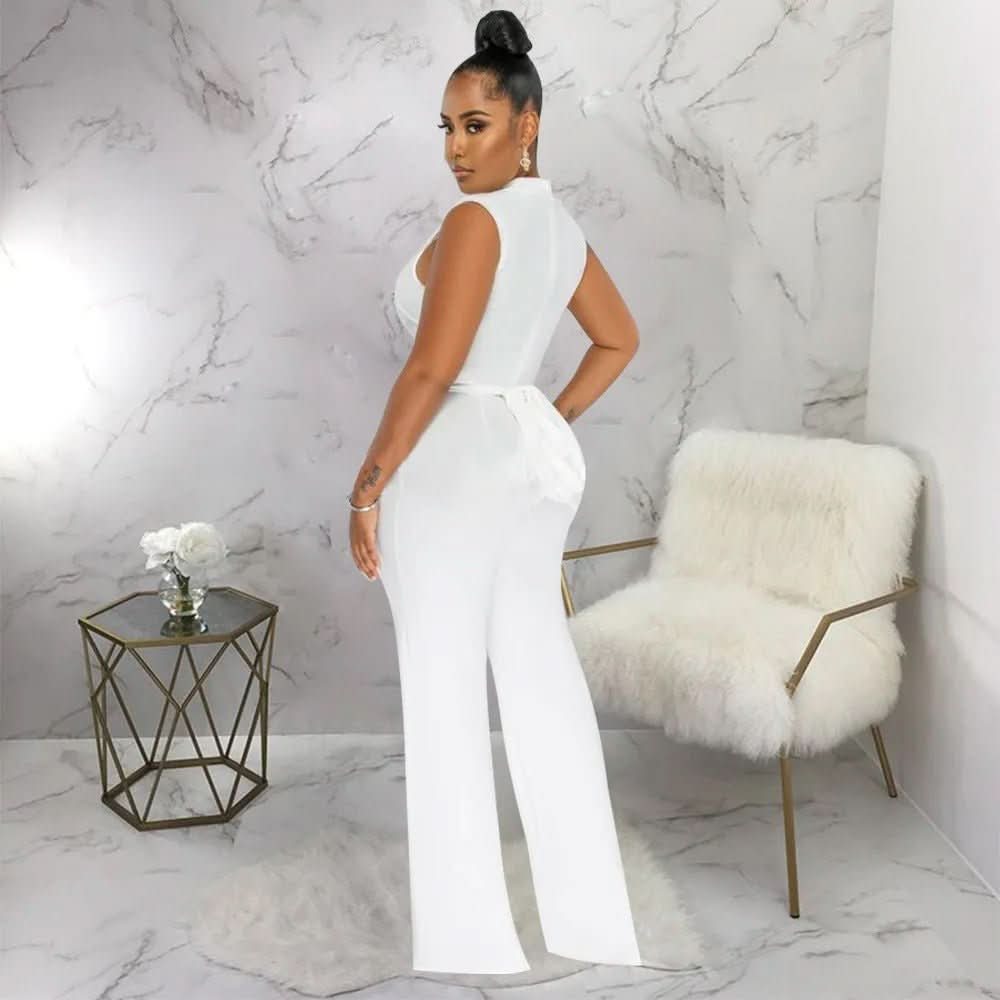 White chain jumpsuit back view showing sleeveless fit and straight leg silhouette