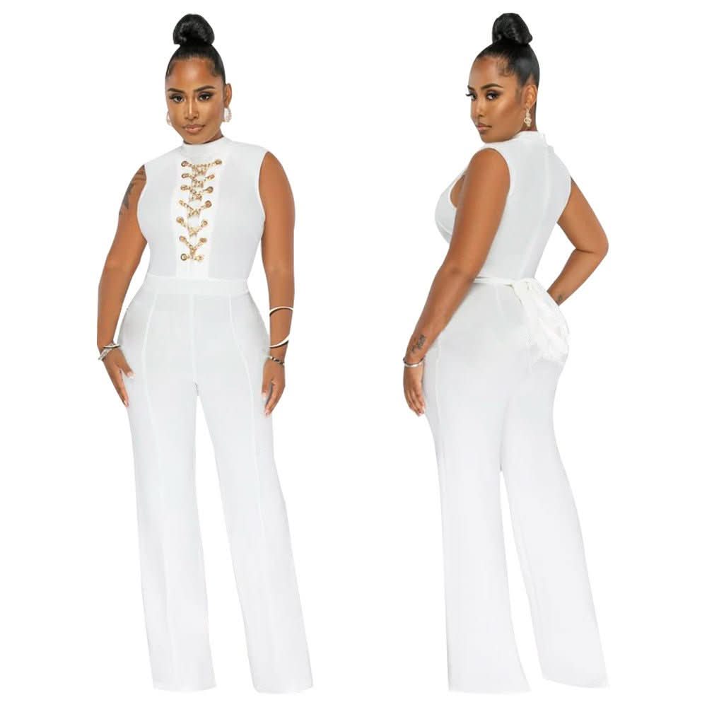 White chain jumpsuit front and back views with gold lace-up chest detail