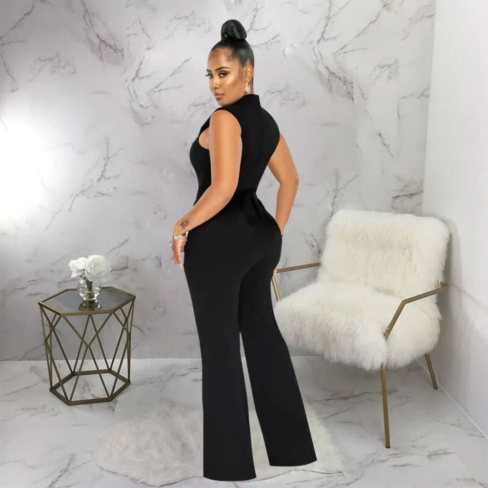 Black chain jumpsuit back view showing sleeveless cut and straight leg