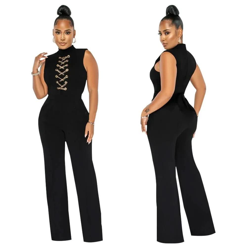 Black chain jumpsuit front and back views with gold lace-up chest accent
