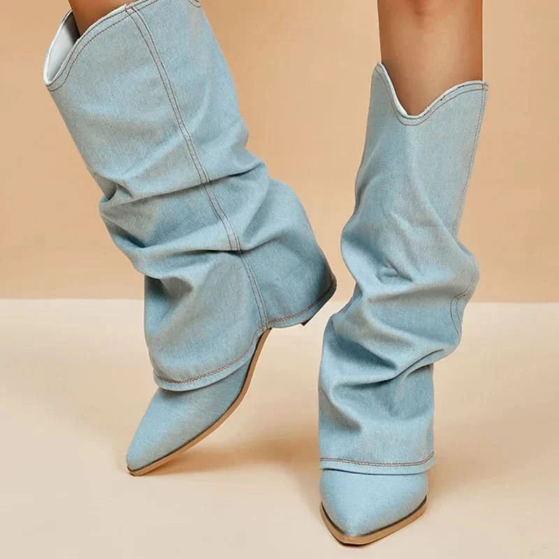 Light blue denim slouchy boots with pointed toe and low block heel for women