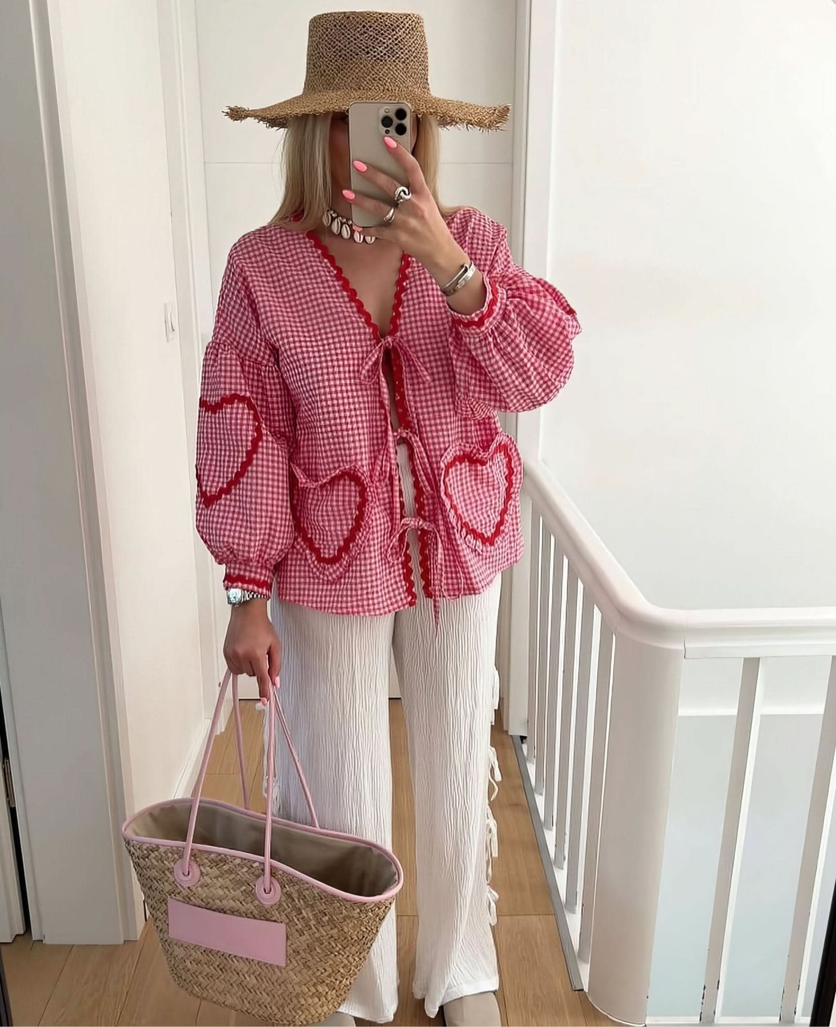 Magenta checkered heart top with puffed sleeves and burgundy scallop trim
