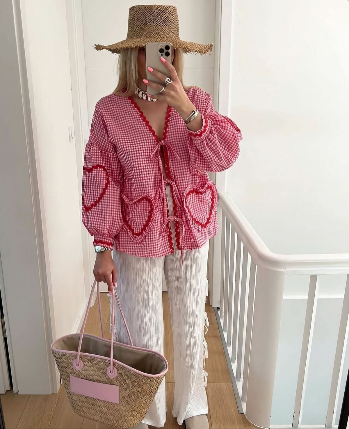Magenta checkered heart top with puffed sleeves and burgundy scallop trim