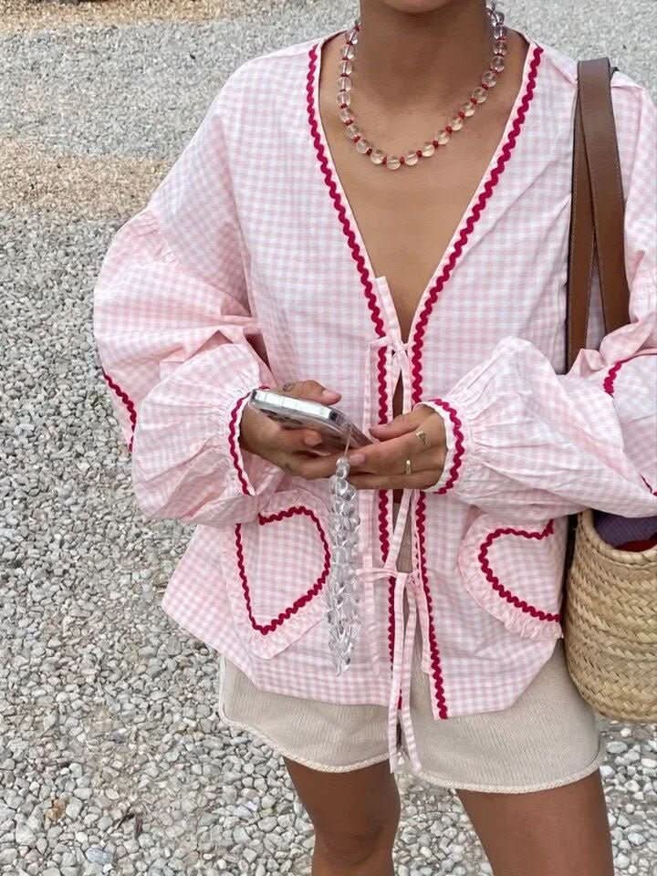 Pink gingham heart top with burgundy scalloped trim and tie front closure