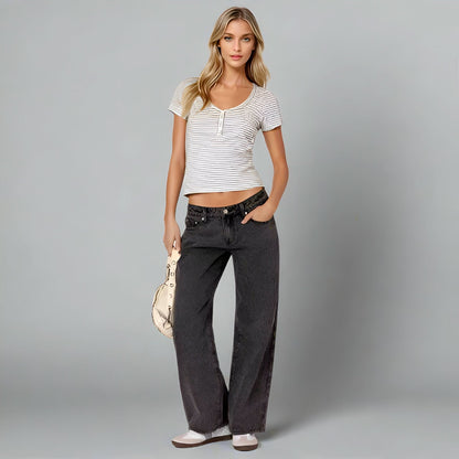 Charcoal gray low-rise jeans with vintage wash and straight fit