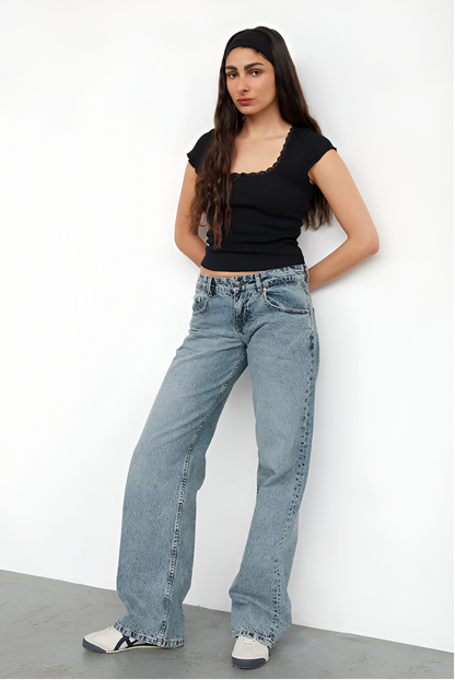Light wash low-rise jeans with black ribbed square-neck crop top