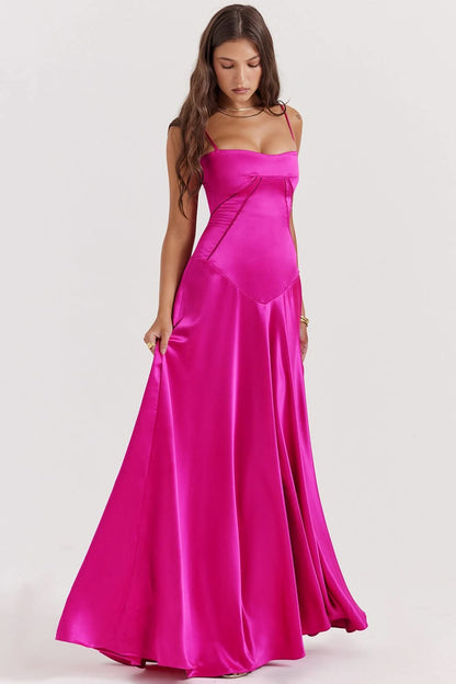 pink satin maxi dress with sweetheart neckline and lace-up detail