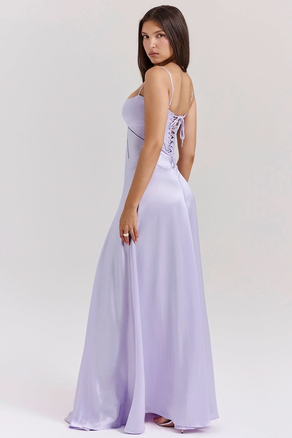Lavender lace-up back maxi dress with open back detail