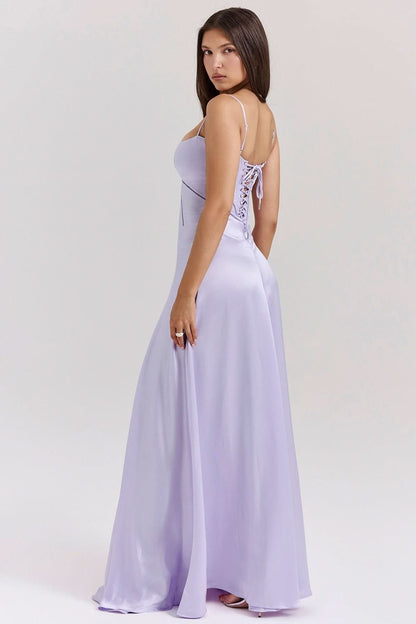 Lavender lace-up back maxi dress with open back detail