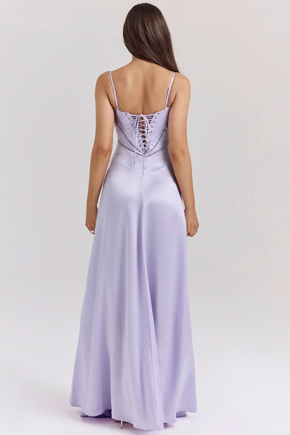 Lavender maxi dress back view showing lace-up corset closure