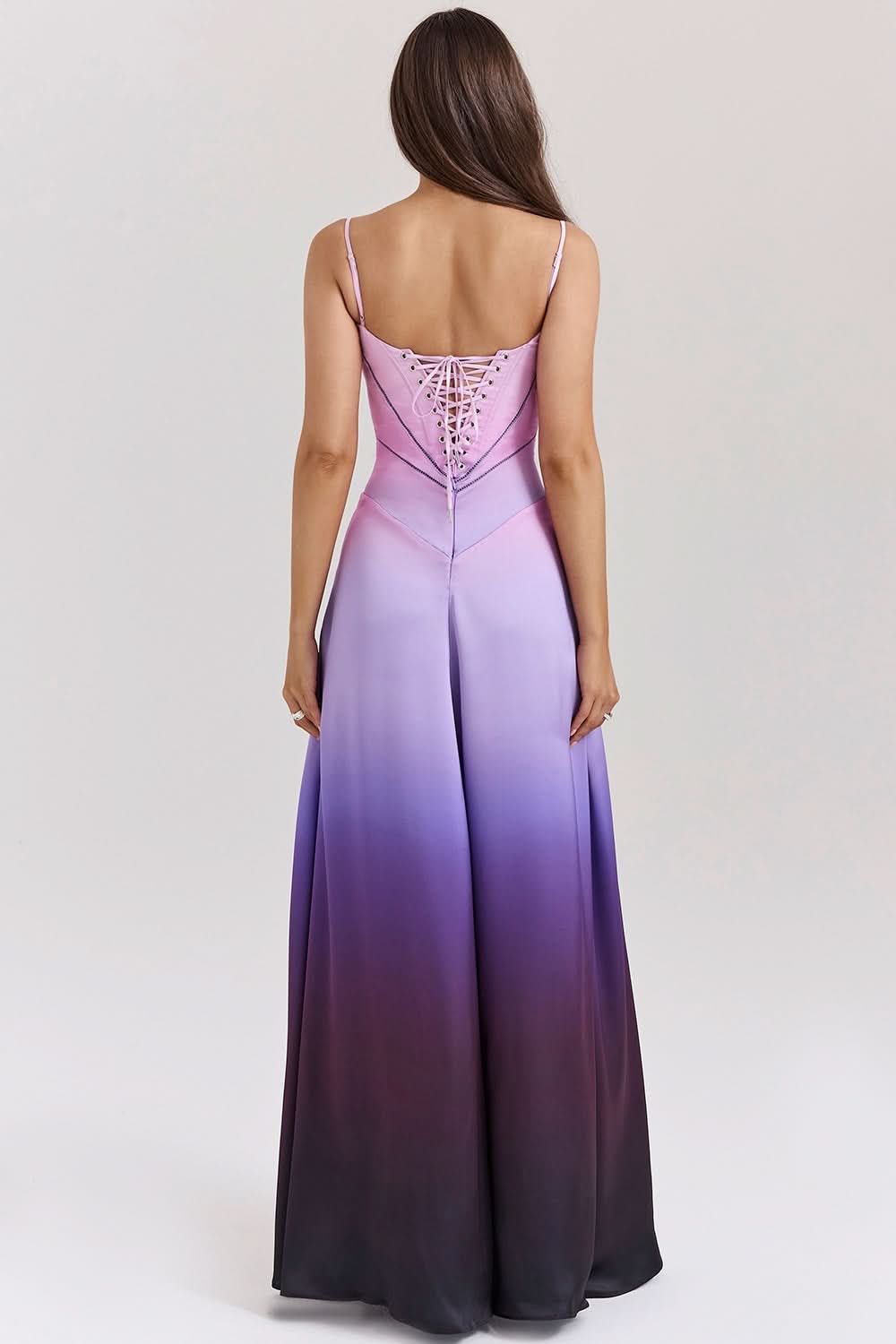Purple ombre maxi dress back view with lace-up corset detail