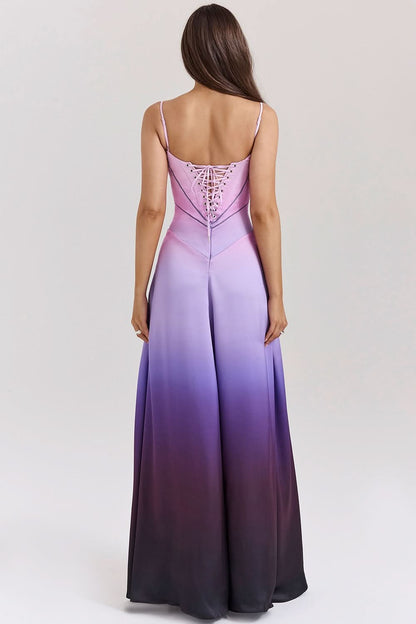 Purple ombre maxi dress back view with lace-up corset detail