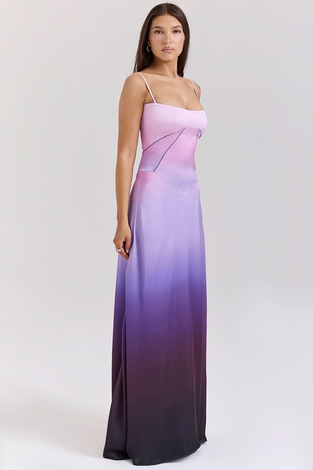 Lavender to purple ombre maxi dress with draped bodice