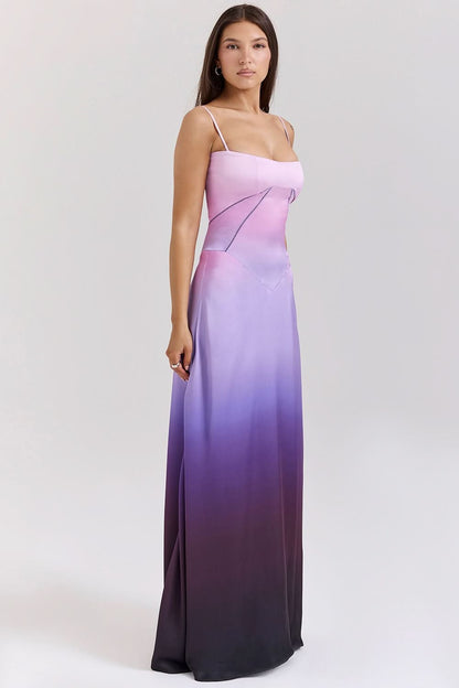 Lavender to purple ombre maxi dress with draped bodice