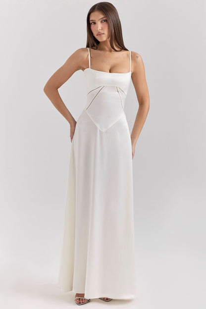 Cream maxi dress with lace-up back detail and flowing silhouette