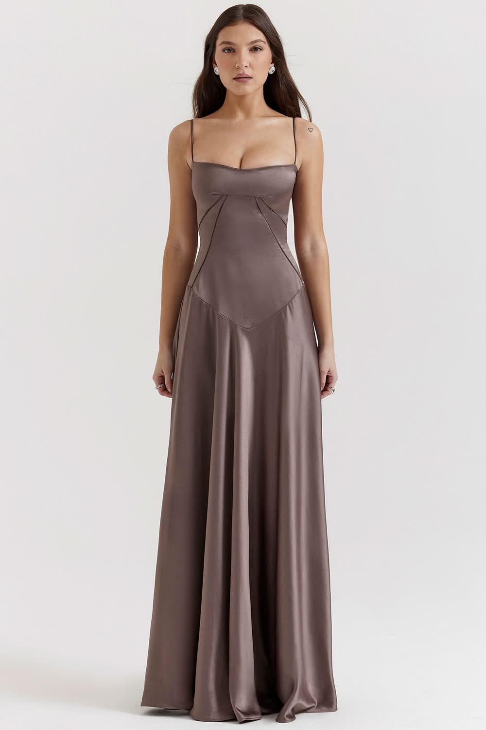 Taupe camisole maxi dress with geometric bodice detail
