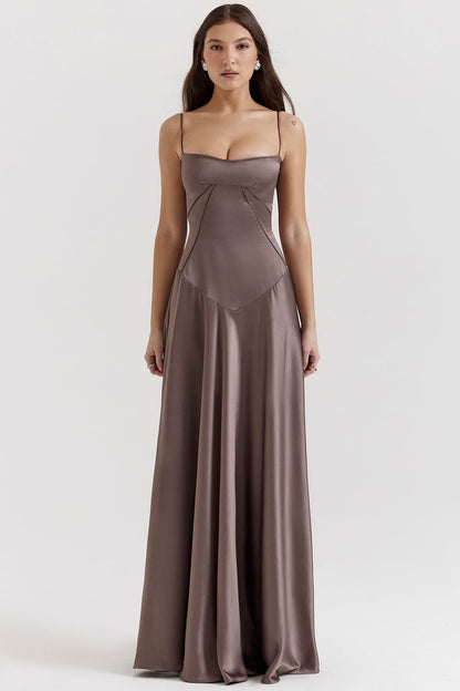 Taupe camisole maxi dress with geometric bodice detail