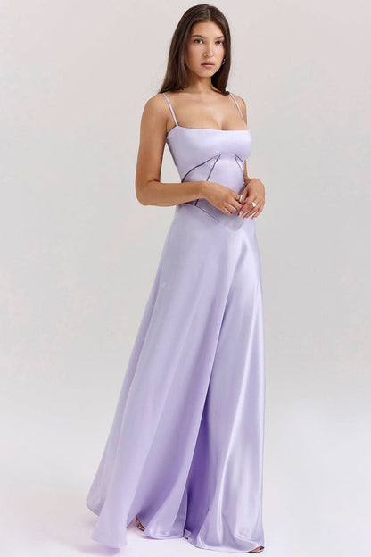 Lavender camisole maxi dress with square neckline and draped floor-length silhouette