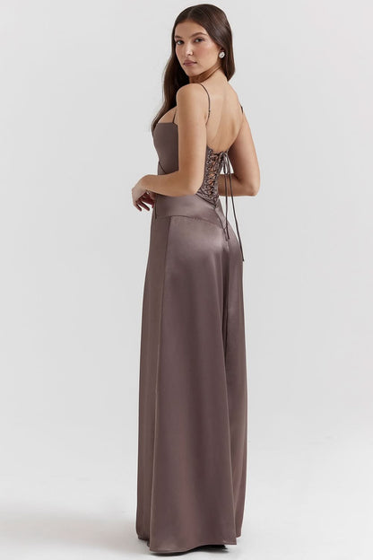 Taupe camisole maxi dress with lace-up back and thin straps