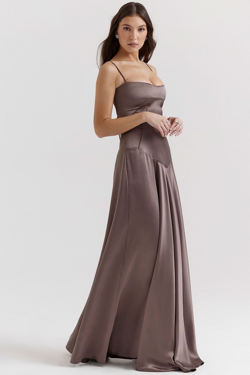 Taupe maxi dress with square neckline and flowing floor-length skirt