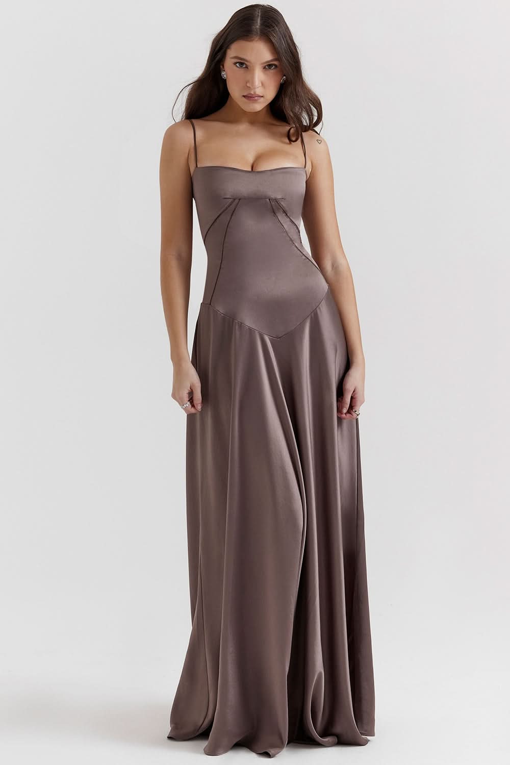 Taupe satin maxi dress with lace-up back and adjustable straps