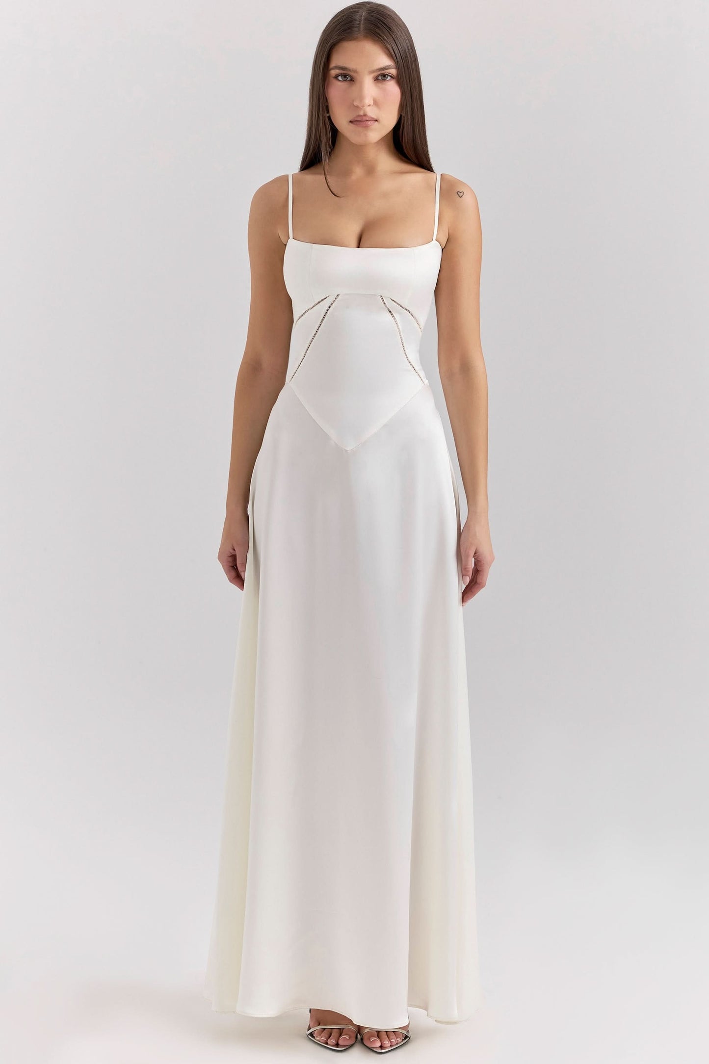 Cream lace-up maxi dress with square neckline and spaghetti straps