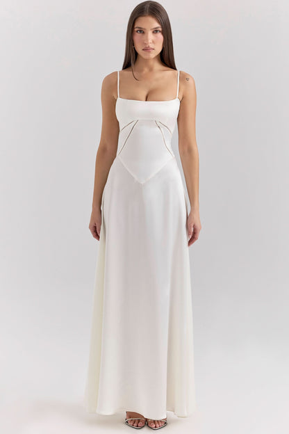 Cream lace-up maxi dress with square neckline and spaghetti straps