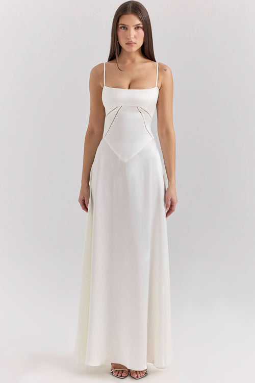 Cream lace-up maxi dress with square neckline and spaghetti straps