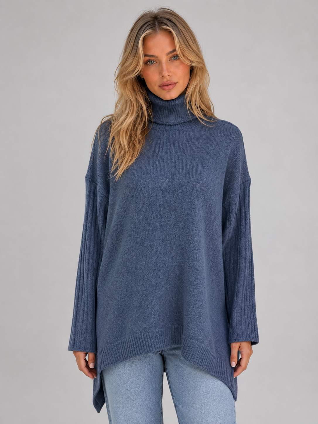 ANSLEY | ROLL NECK OVERSIZED LONGLINE SWEATER - Blue