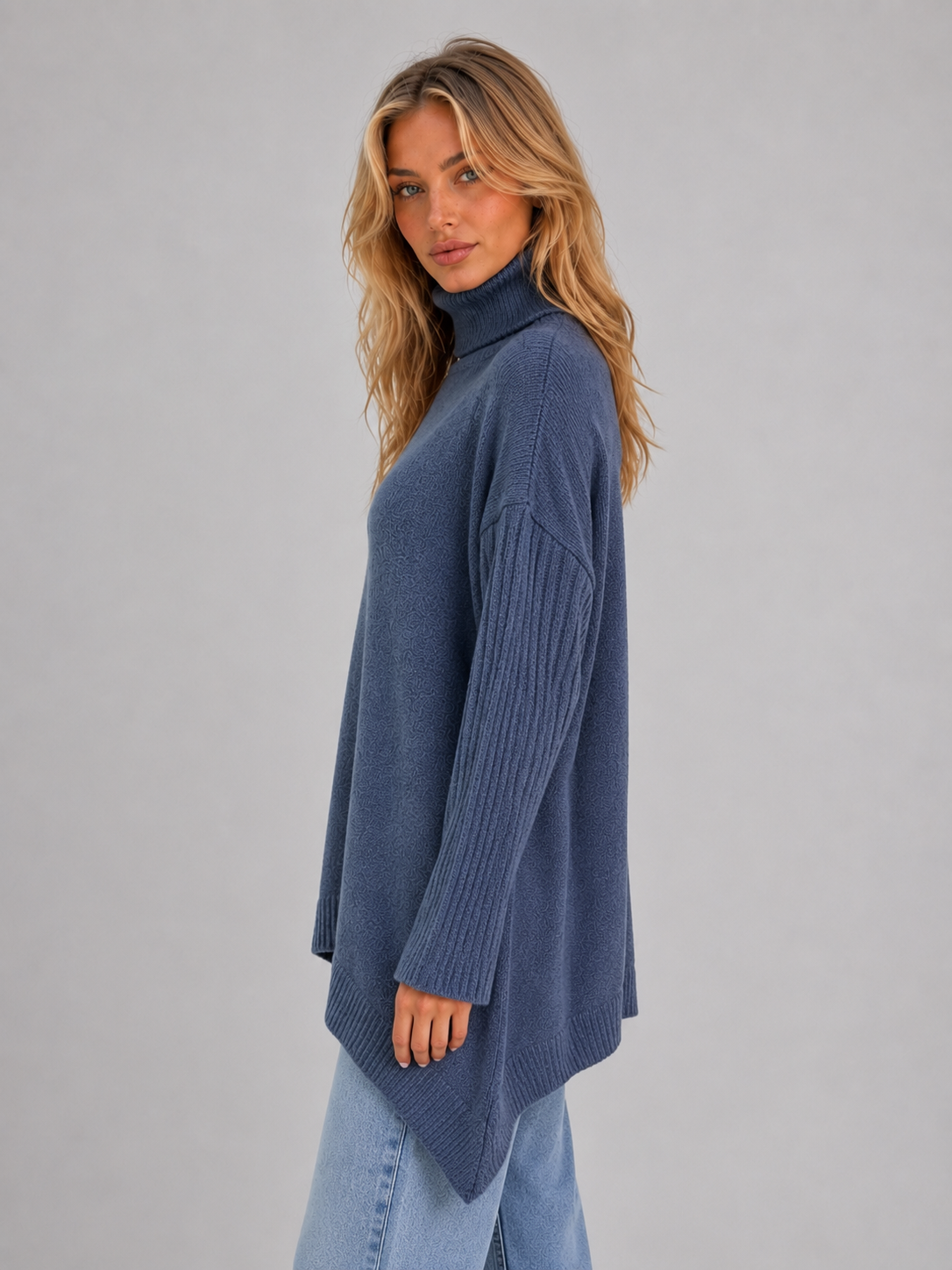 ANSLEY | ROLL NECK OVERSIZED LONGLINE SWEATER - Blue