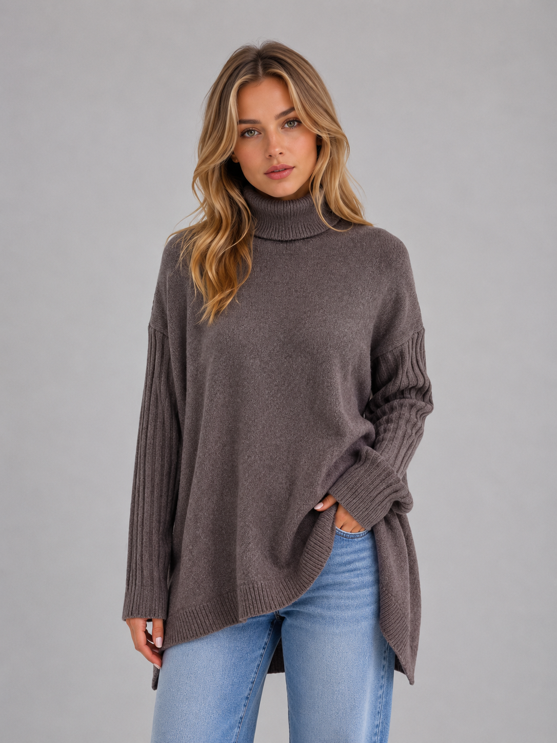 ANSLEY | ROLL NECK OVERSIZED LONGLINE SWEATER - Brown