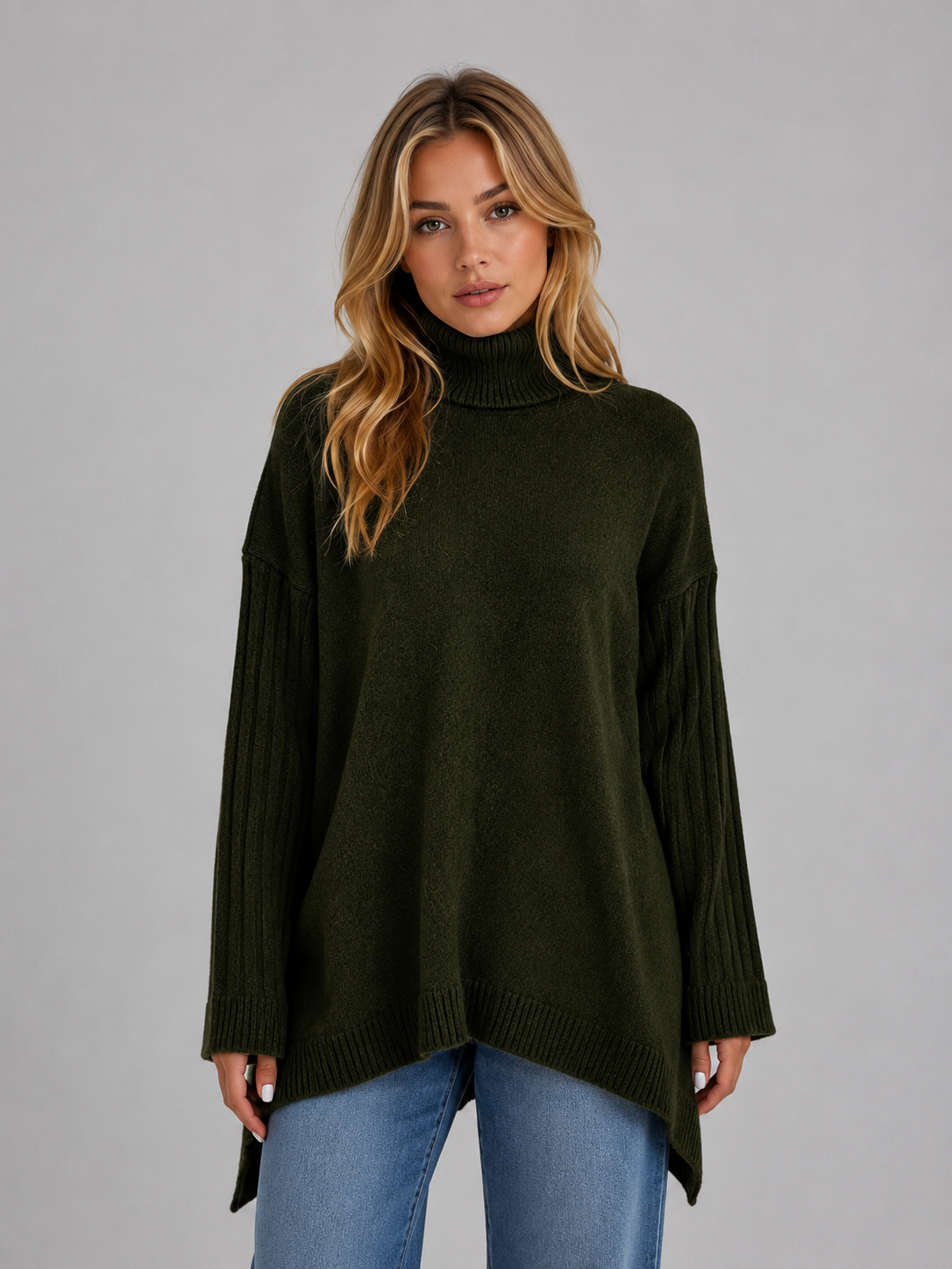 ANSLEY | ROLL NECK OVERSIZED LONGLINE SWEATER - Green