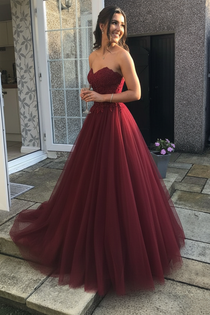ANTHEA | LACE TULLE GOWN - Burgundy