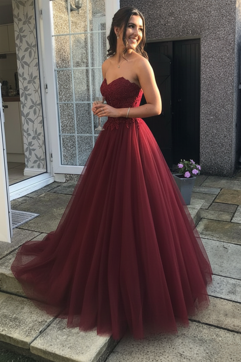 ANTHEA | LACE TULLE GOWN - Burgundy