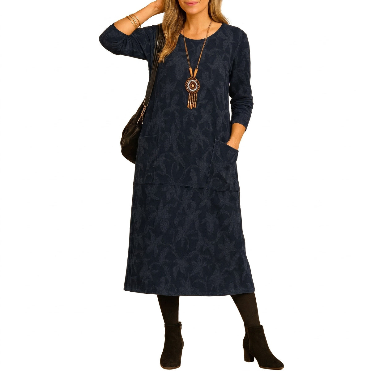 APHRA | LEAF PRINT LONG SLEEVE POCKET MIDI DRESS - Navy Leaf Print