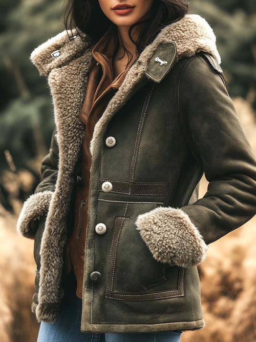 ARAMINTA | SHEARLING-STYLE TRIM AVIATOR JACKET - Green