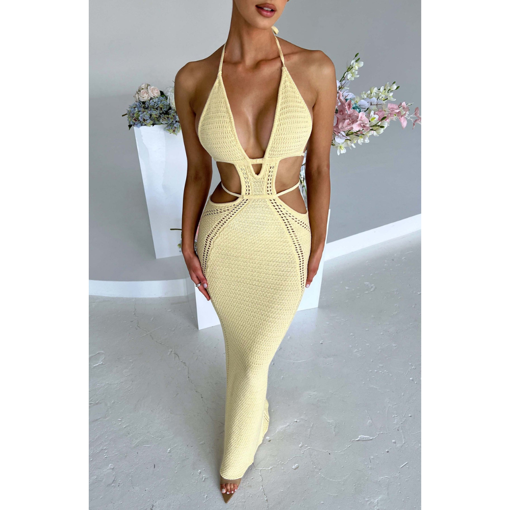 Pale yellow halter maxi dress with textured knit and side cutout details