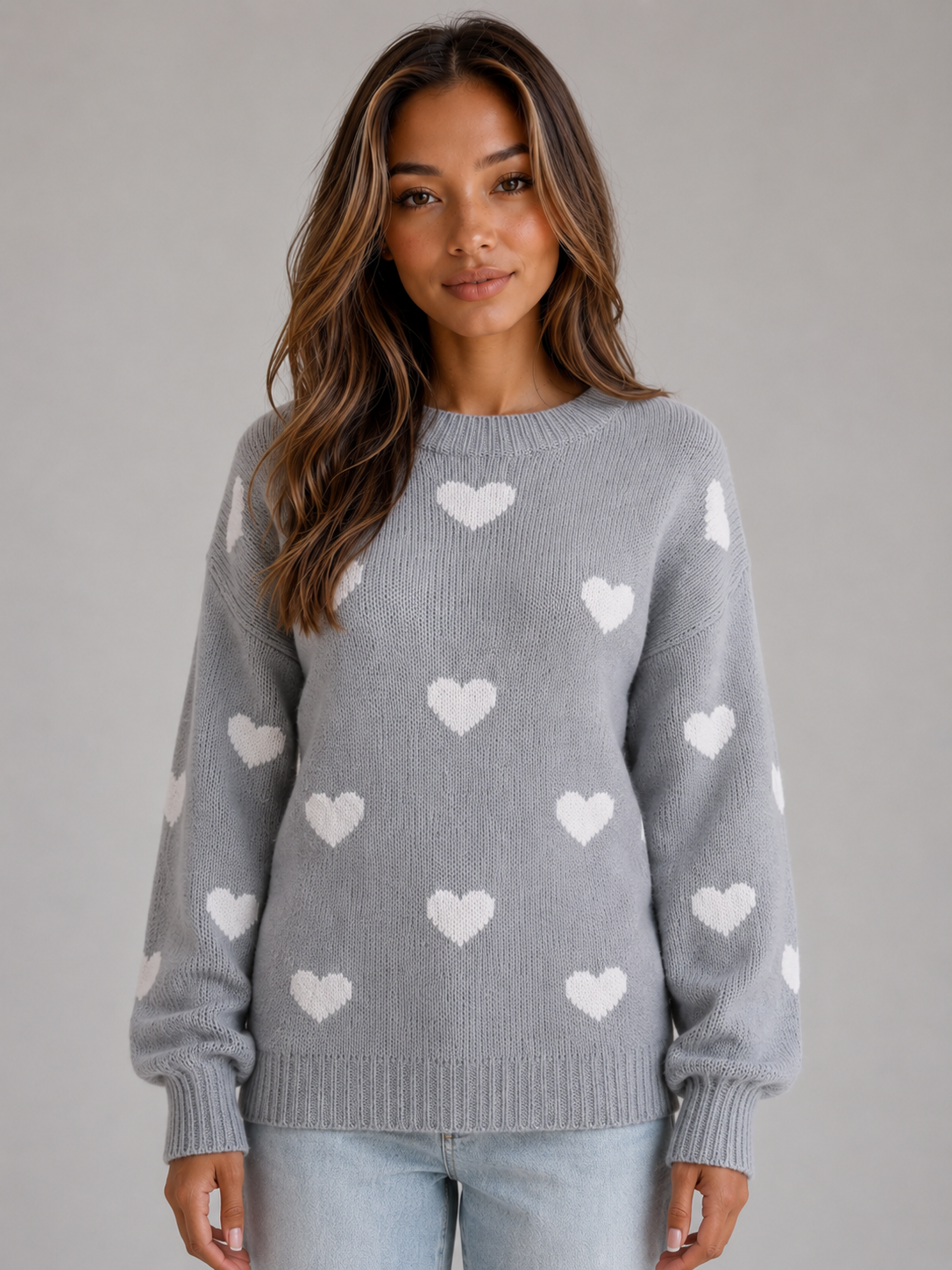 ARDELLE | HEART PRINT CREW NECK SWEATER - Gray Heart Print